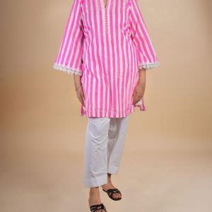 IMG-20250912-WA0005 Pink and white cotton cord set with beautiful lace on sleeves