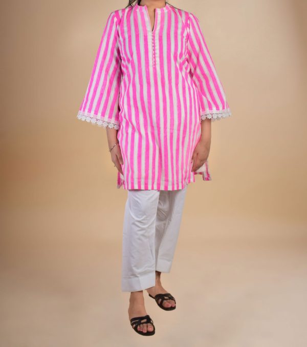 Pink and white cotton cord set with beautiful lace on sleeves