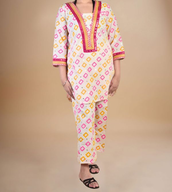 Beautiful cord set with mirror work on neck