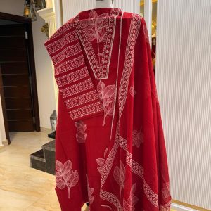 Festive unstitched cotton suit with beautiful neckline 