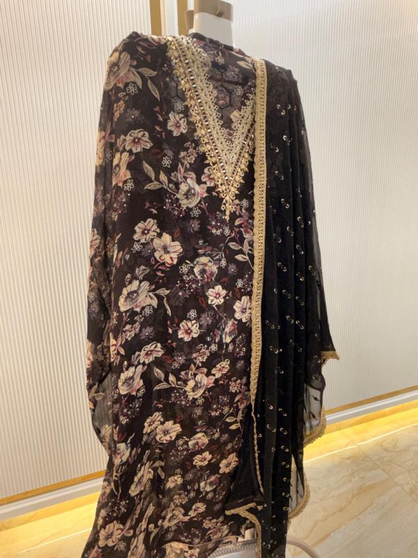 Festive unstitched black georgette suit with beautiful neckline