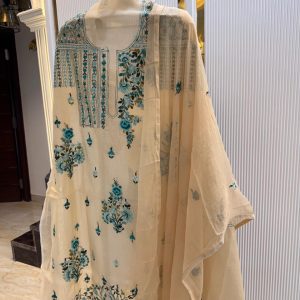 Festive unstitched Chanderi suit with all over work