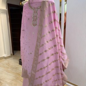 Festive unstitched Chanderi fancy suit with neckline