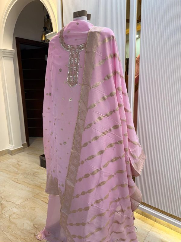 Festive unstitched Chanderi fancy suit with neckline